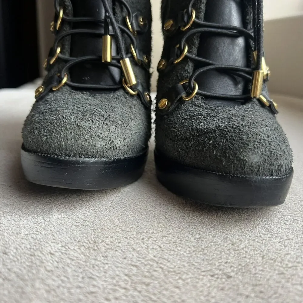 Tory Burch Hamila Dark Gray Distressed Suede Lace Up High Heel Booties Women 6.5